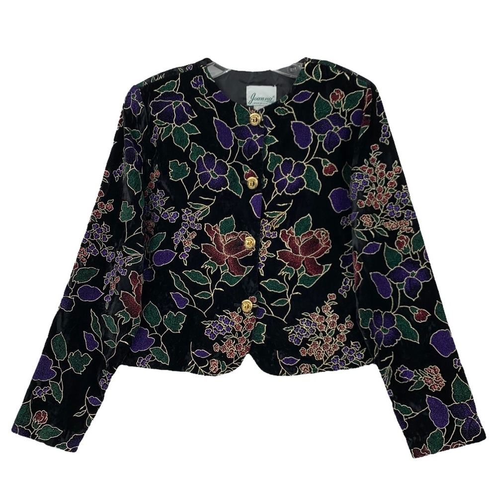 Vintage Black Velveteen Large Print Floral Evening Blazer Gold Metallic …
